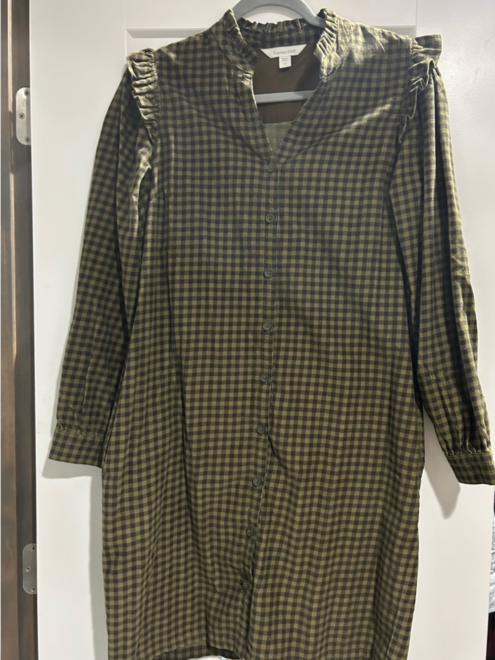 Garnet Hill Olive Green and Black Checked Ruffle-Shoulder Shirt Dress